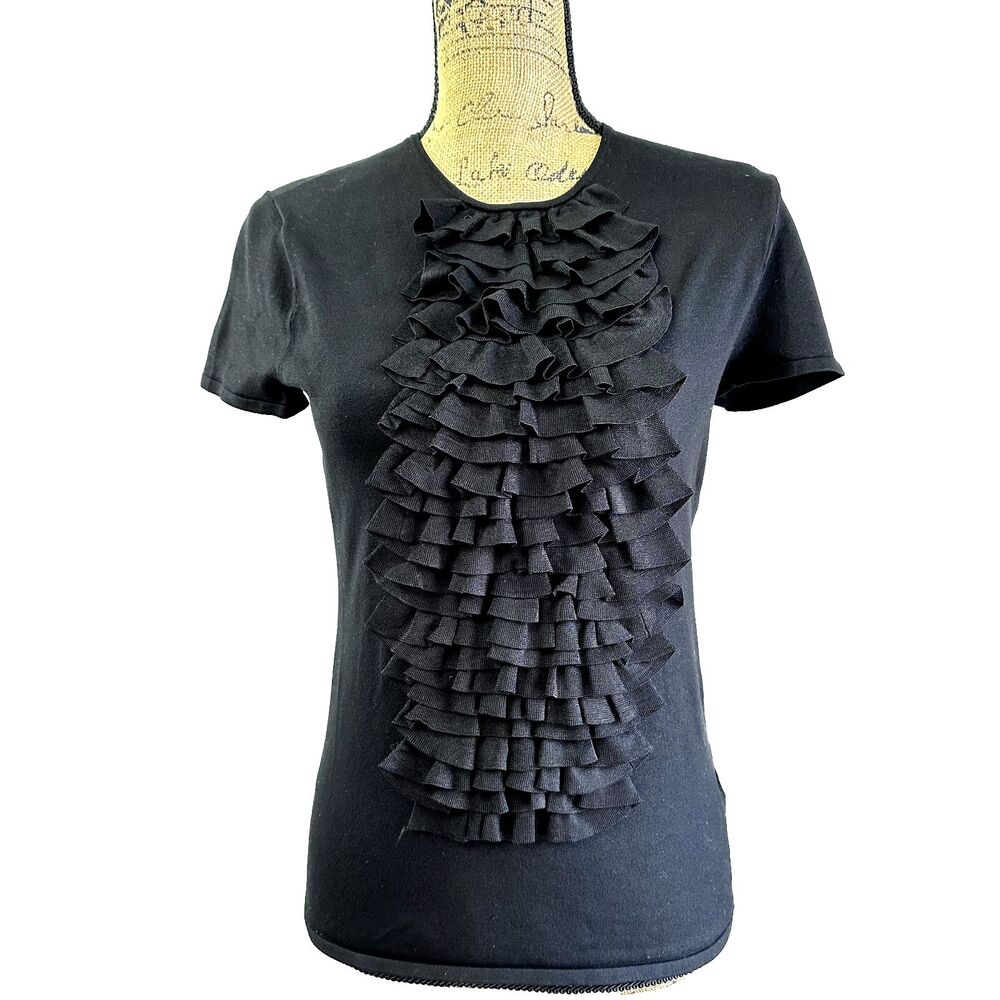 RALPH LAUREN Black Label Womens Sweater Silk Blend Ruffled Front Black SZ M $598